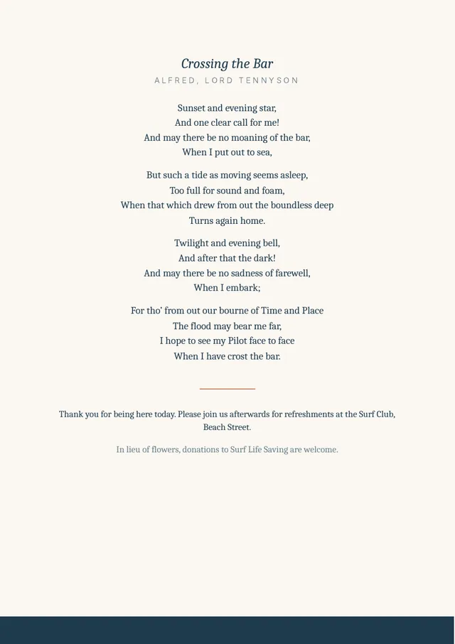 Back page of a sample booklet: the poem Crossing the Bar and a thank-you note with reception details