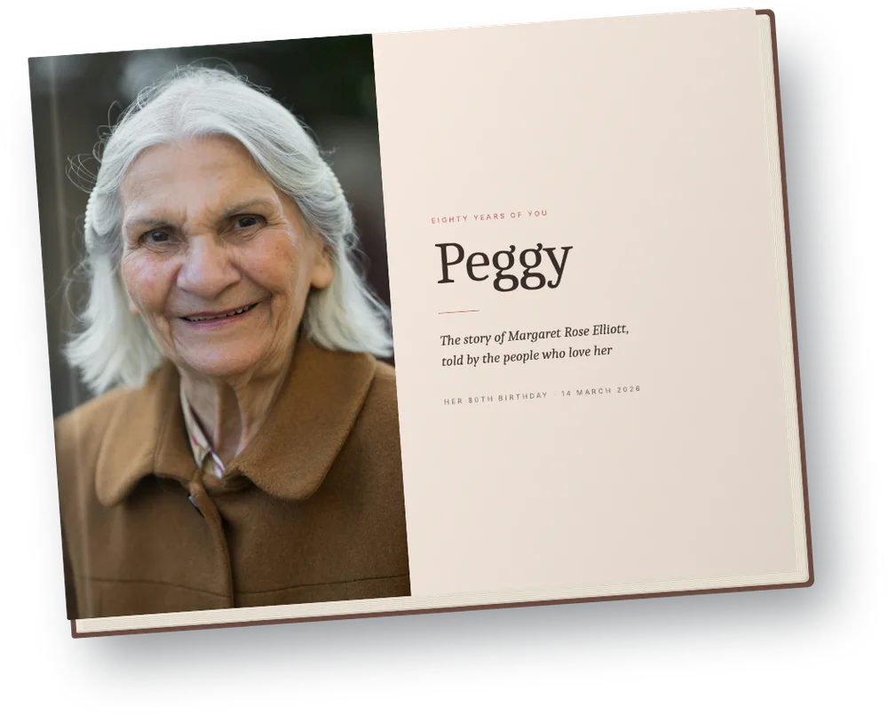 A hardcover gift book titled Peggy, with a photo of a smiling older woman on the cover, for her 80th birthday
