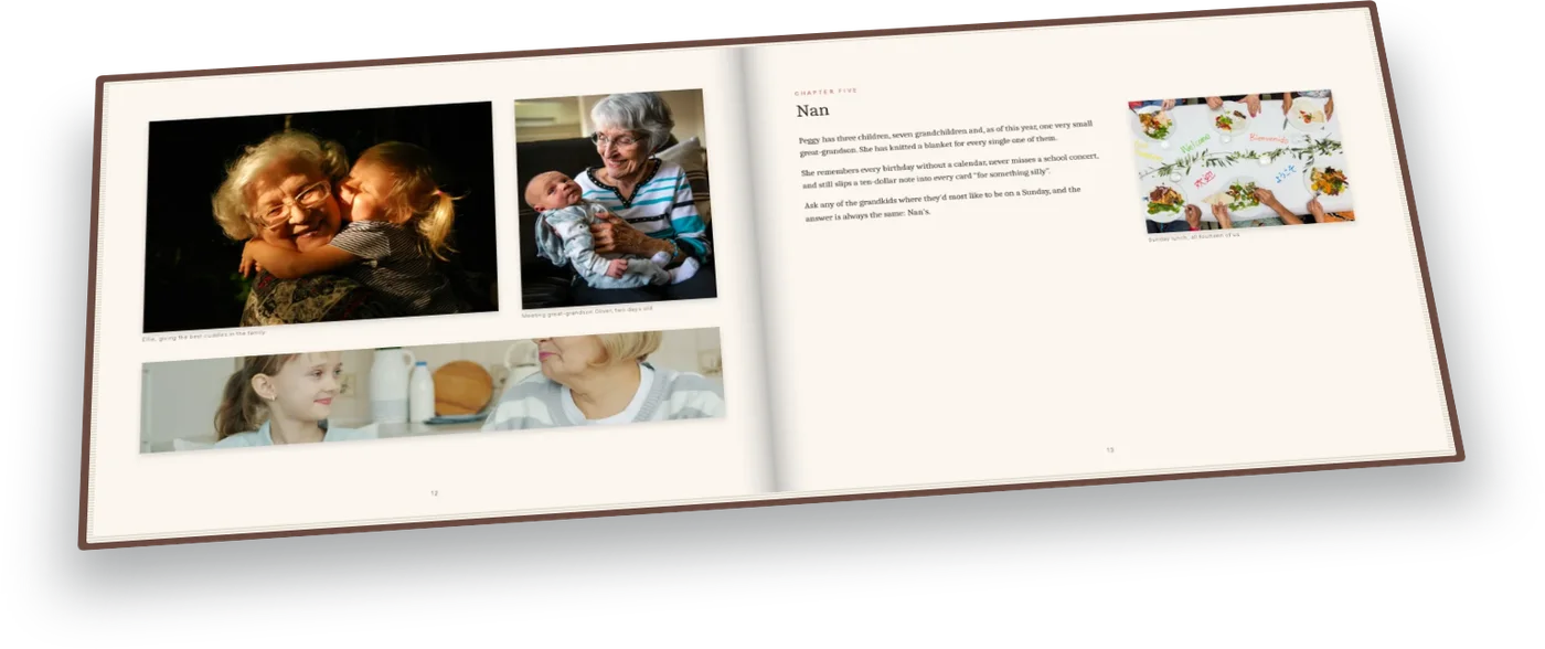 The sample gift book lying open at chapter five, with photos of Peggy hugging her grandchildren