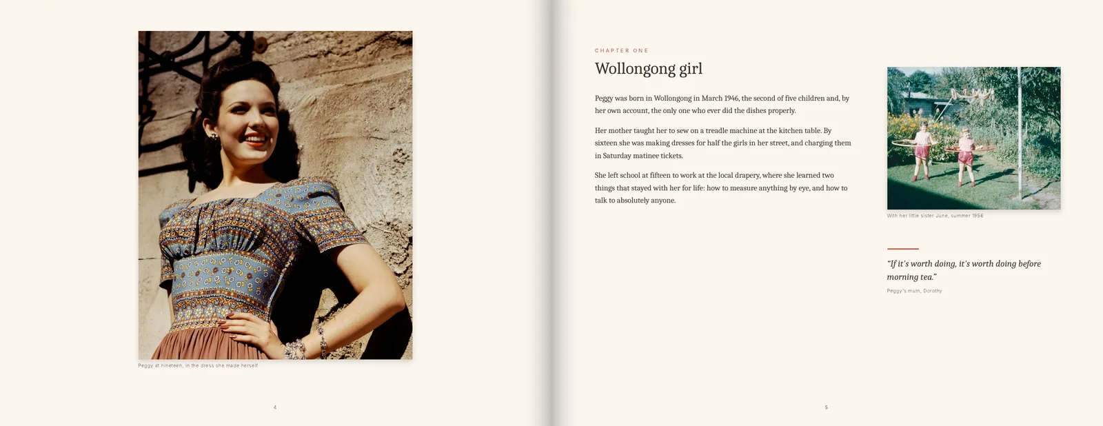 Sample gift book pages: Chapter one: growing up, with a photo of her at nineteen