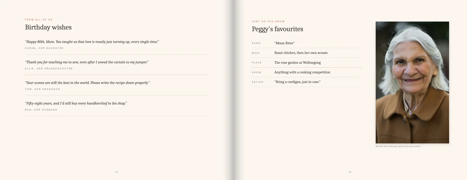 Sample gift book pages: Birthday wishes from the family and her favourite things
