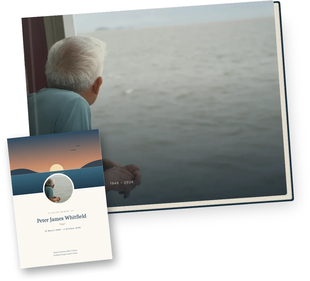 A hardcover memory book with a matching order of service booklet in front of it