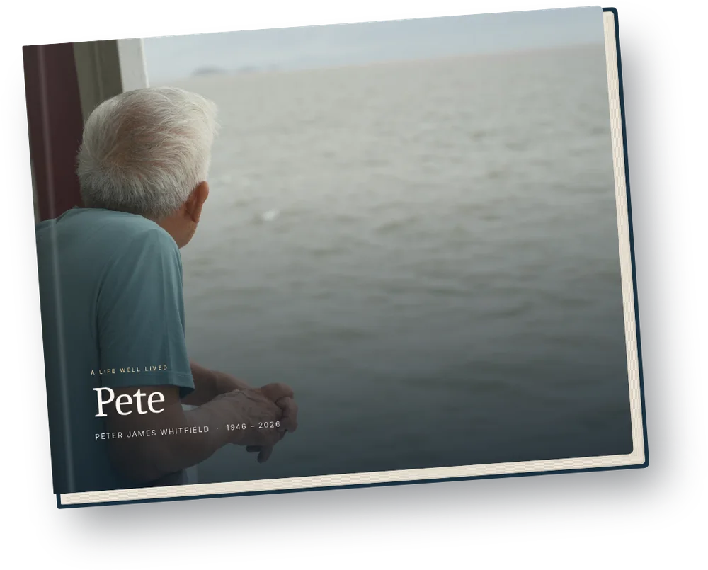 A hardcover memory book with a photo of an older man looking out to sea on the cover, titled Pete