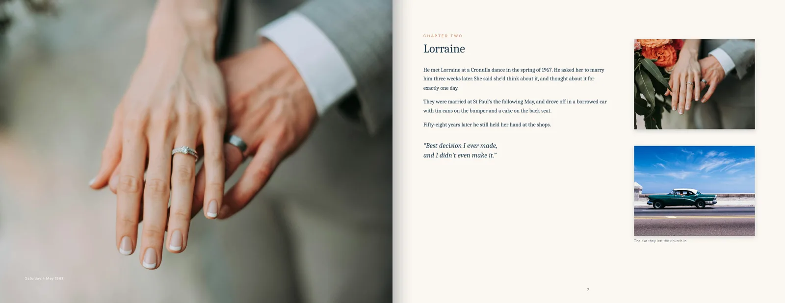 Sample memory book pages: Chapter two: a full-page wedding photo and how they met