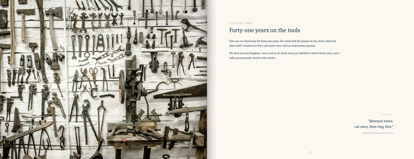 Sample memory book pages: Chapter three: their work, with a favourite saying