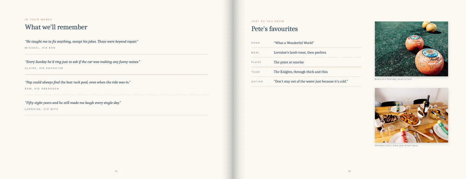 Sample memory book pages: Memories from family and their favourite things